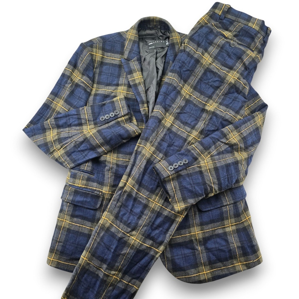 ASOS DESIGN Suit 2 Piece Set Mens 44 Reg Blue Yellow Plaid Wool Blend